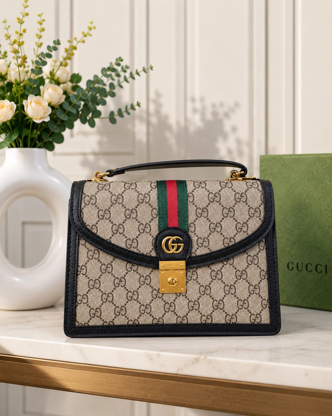 GG Supreme Monogram Padlock Handbag Beige Ebony