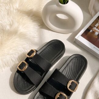 women's buckle slides black